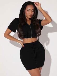 SHEIN SXY Zip Up Drawstring Hooded Crop Jacket & Bodycon Skirt - Black - View 1