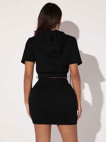 SHEIN SXY Zip Up Drawstring Hooded Crop Jacket & Bodycon Skirt - Black - View 2