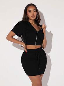 SHEIN SXY Zip Up Drawstring Hooded Crop Jacket & Bodycon Skirt - Black - View 5
