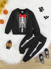 SHEIN 男婴万圣节骷髅印花运动衫和运动裤，适合万圣节派对 - 黑色 - 查看 3
