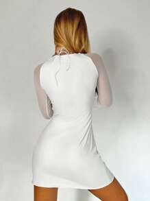 SHEIN Privé Square Neck Flounce Sleeve Bodycon Dress - White - View 2