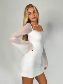 SHEIN Privé Square Neck Flounce Sleeve Bodycon Dress - White - View 3