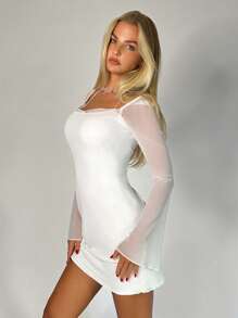 SHEIN Privé Square Neck Flounce Sleeve Bodycon Dress - White - View 6