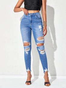 SHEIN Essnce Ripped Raw Hem Skinny Jeans - Light Wash - View 4