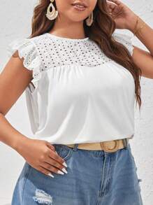 SHEIN VCAY Plus Eyelet Embroidery Ruffle Trim Tee - White - View 5