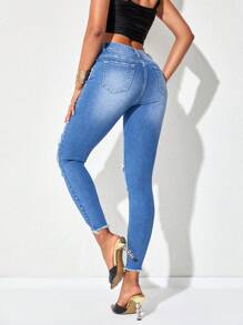 SHEIN Essnce Ripped Raw Hem Skinny Jeans - Light Wash - View 2