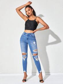 SHEIN Essnce Ripped Raw Hem Skinny Jeans - Light Wash - View 1