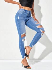 SHEIN Essnce Ripped Raw Hem Skinny Jeans - Light Wash - View 5