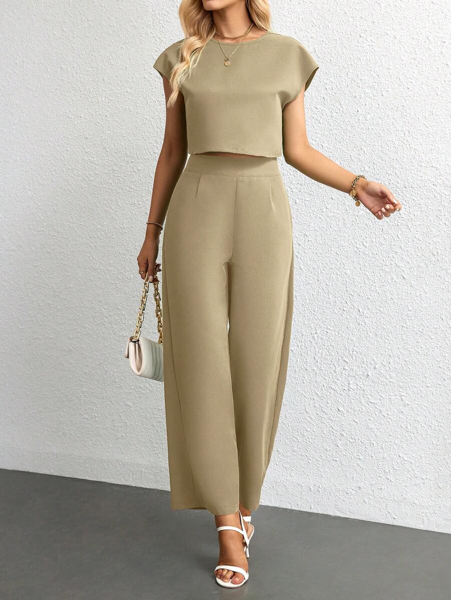 SHEIN Essnce 素色蝙蝠袖短款上衣&闊腿褲 - 卡其色 - 查看 1