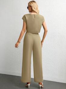 SHEIN Essnce 素色蝙蝠袖短款上衣&闊腿褲 - 卡其色 - 查看 2