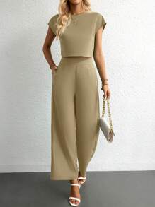 SHEIN Essnce 素色蝙蝠袖短款上衣&闊腿褲 - 卡其色 - 查看 4