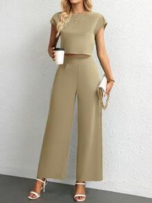 SHEIN Essnce 素色蝙蝠袖短款上衣&闊腿褲 - 卡其色 - 查看 5
