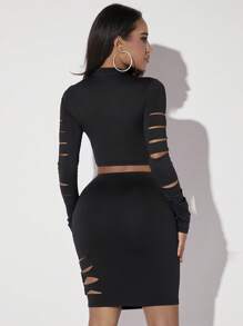 SHEIN SXY Solid Cut Out Crop Tee & Bodycon Skirt - Black - View 2