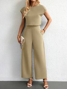 SHEIN Essnce 素色蝙蝠袖短款上衣&闊腿褲 - 卡其色 - 查看 6