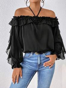 SHEIN Privé Ruffle Trim Flounce Sleeve Blouse - Black - View 1