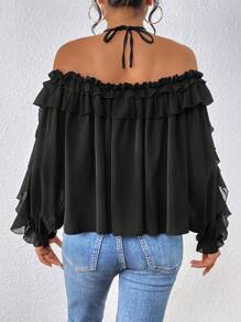 SHEIN Privé Ruffle Trim Flounce Sleeve Blouse - Black - View 2
