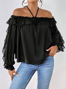 SHEIN Privé Ruffle Trim Flounce Sleeve Blouse - Black - View 6