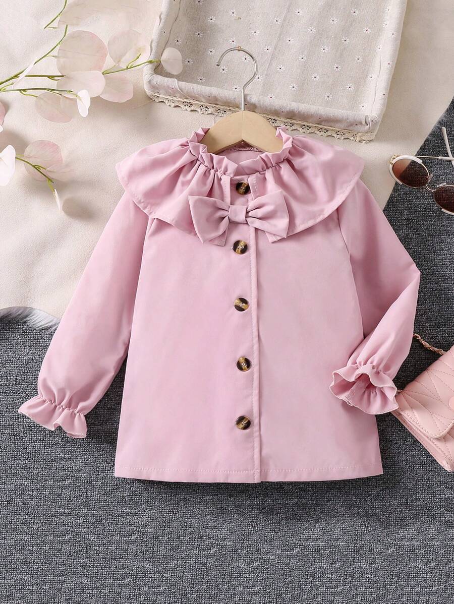 SHEIN 女小童荷葉邊荷葉袖前蝴蝶結誇大領口外套 - 粉色 - 查看 1