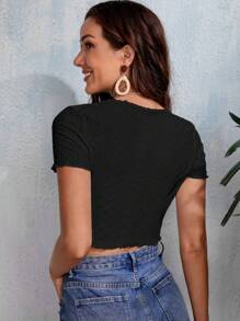 SHEIN VCAY Tie Front Lettuce Trim Solid Crop Top - Black - View 2