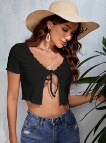 SHEIN VCAY Tie Front Lettuce Trim Solid Crop Top - Black - View 4