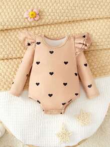 SHEIN Baby Heart Print Ruffle Trim Bodysuit - Apricot - View 1