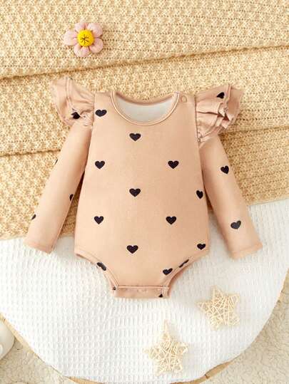 SHEIN Baby Heart Print Ruffle Trim Bodysuit