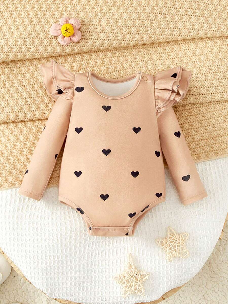 SHEIN Baby Heart Print Ruffle Trim Bodysuit - Apricot - View 1