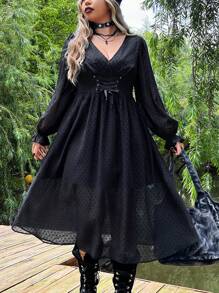 ROMWE PUNK Plus Swiss Dot Lace Up Front Flounce Sleeve Dress - Black - View 6