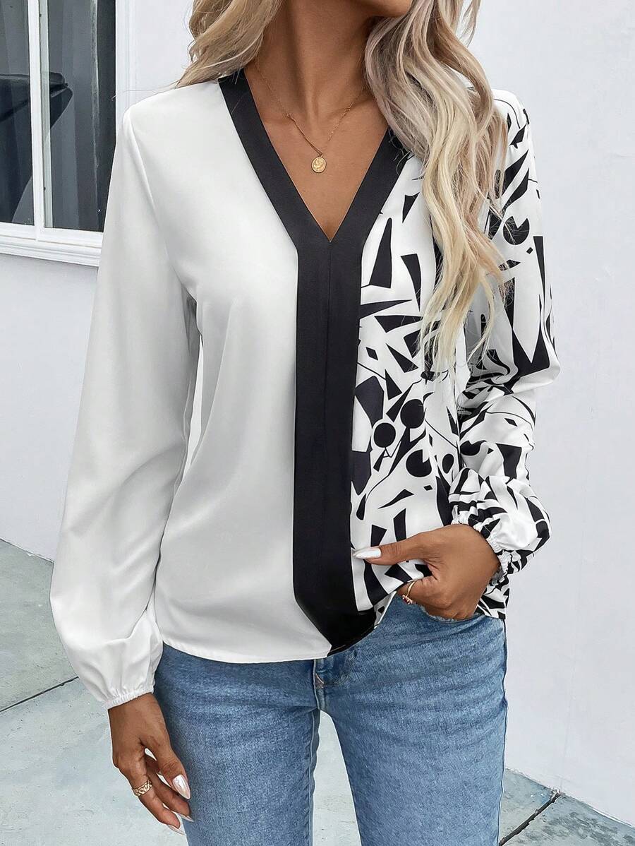 SHEIN LUNE Geo Print Contrast Trim Blouse - Black and White - View 1