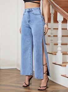 SHEIN Essnce 素色高衩牛仔褲 - 中等水洗藍 - 查看 1