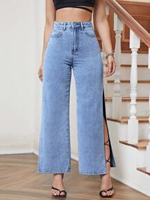 SHEIN Essnce 素色高衩牛仔褲 - 中等水洗藍 - 查看 5