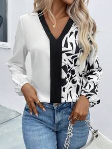 SHEIN LUNE Geo Print Contrast Trim Blouse - Black and White - View 3