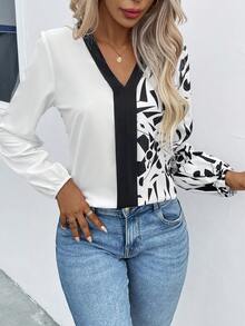 SHEIN LUNE Geo Print Contrast Trim Blouse - Black and White - View 4