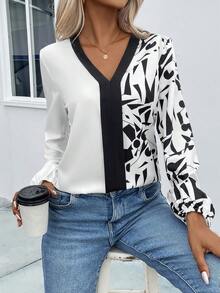 SHEIN LUNE Geo Print Contrast Trim Blouse - Black and White - View 6