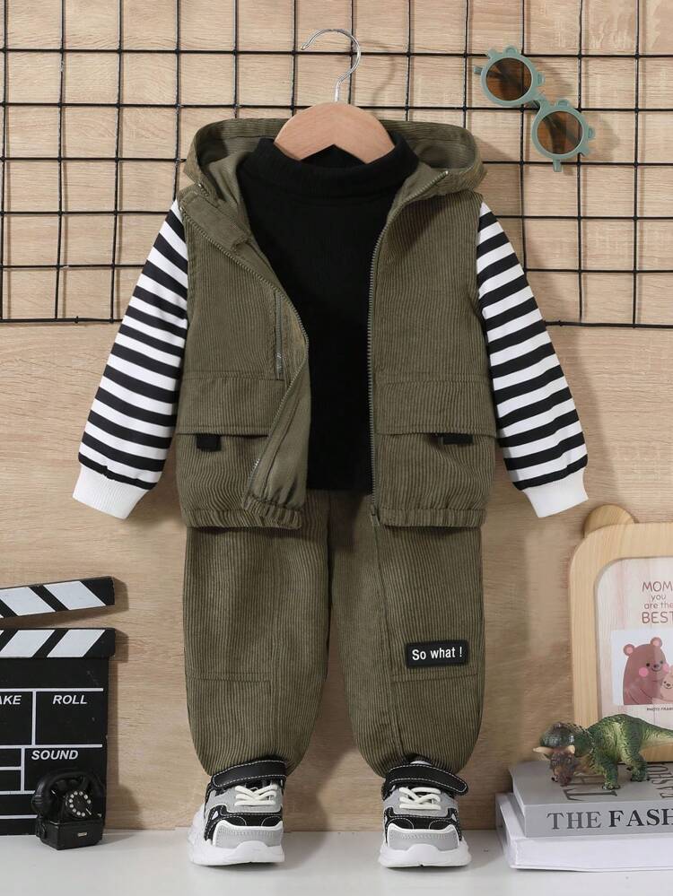 Baby Boy Zip Up Hooded Vest Jacket & Letter Patched Pants Without Tee