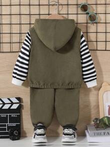 SHEIN Baby Boy Zip Up Hooded Vest Jacket & Letter Patched Pants Without Tee - Army Green - View 2