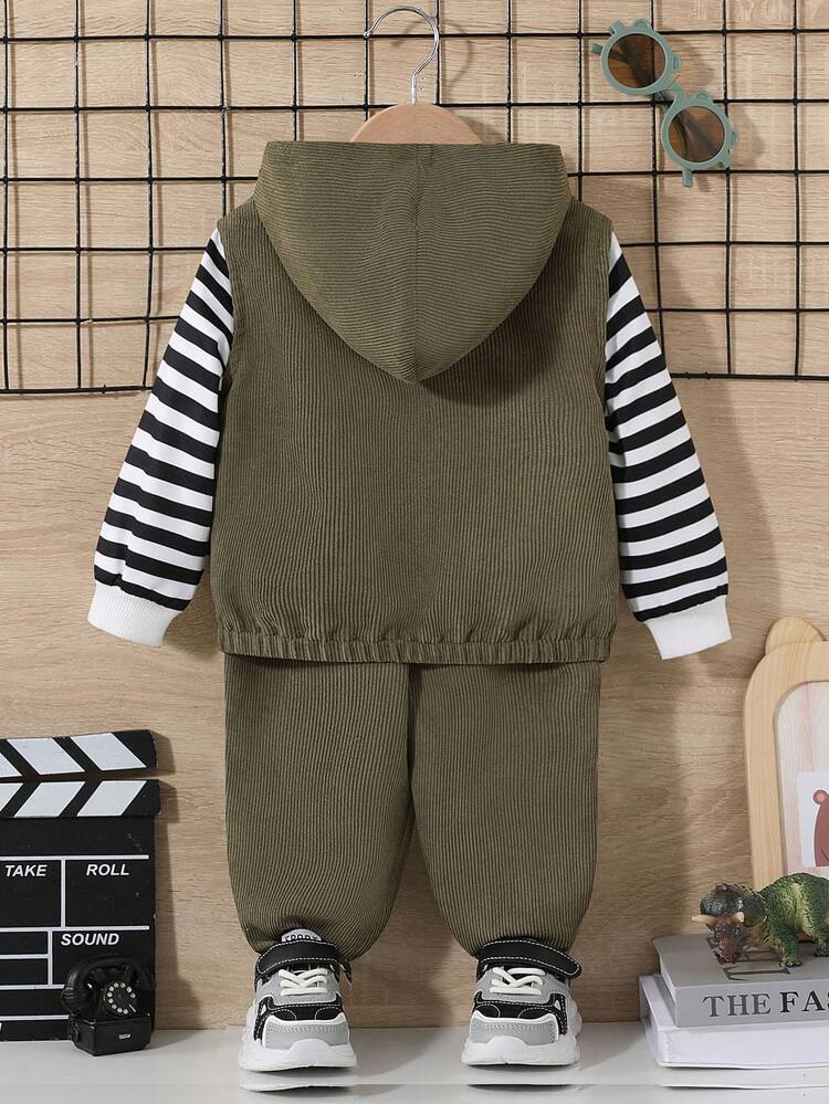 Baby Boy Zip Up Hooded Vest Jacket & Letter Patched Pants Without Tee