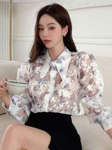 DAZY 花卉印花泡泡袖衬衫（不含胸罩）长袖上衣 - 彩色 - 查看 2