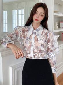 DAZY 花卉印花泡泡袖衬衫（不含胸罩）长袖上衣 - 彩色 - 查看 4