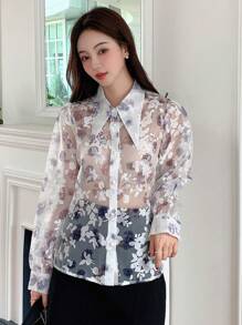 DAZY 花卉印花泡泡袖衬衫（不含胸罩）长袖上衣 - 彩色 - 查看 5