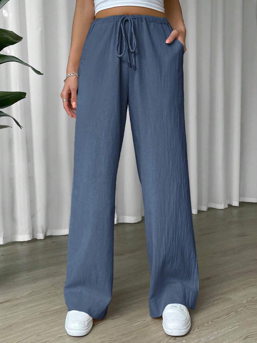 SHEIN EZwear Linen Drawstring Waist Slant Pocket Wide Leg Pants - Navy Blue - View 1