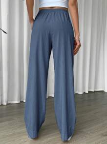 SHEIN EZwear Linen Drawstring Waist Slant Pocket Wide Leg Pants - Navy Blue - View 2