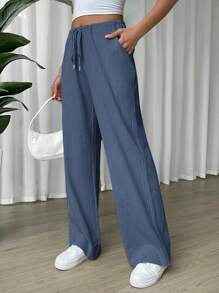 SHEIN EZwear Linen Drawstring Waist Slant Pocket Wide Leg Pants - Navy Blue - View 3