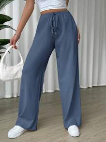 SHEIN EZwear Linen Drawstring Waist Slant Pocket Wide Leg Pants - Navy Blue - View 4