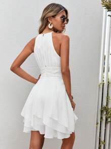 SHEIN VCAY Solid Ruched Waist Halter Neck Dress,White Graduation Dress