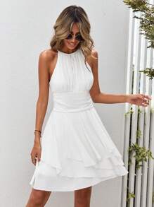 SHEIN VCAY Solid Ruched Waist Halter Neck Dress,White Graduation Dress