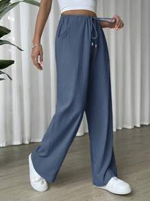 SHEIN EZwear Linen Drawstring Waist Slant Pocket Wide Leg Pants - Navy Blue - View 6