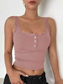 DAZY 蕾絲邊前紐扣吊帶上衣 - 粉色 - 查看 4