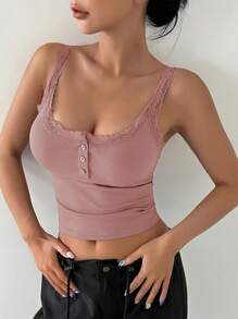 DAZY 蕾絲邊前紐扣吊帶上衣 - 粉色 - 查看 5