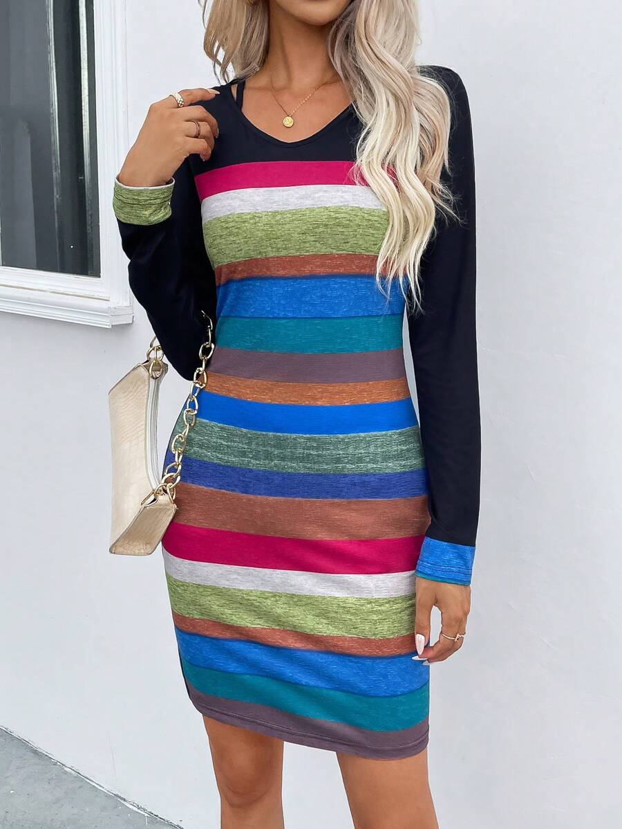 SHEIN LUNE Color Block Bodycon Dress - Black - View 1